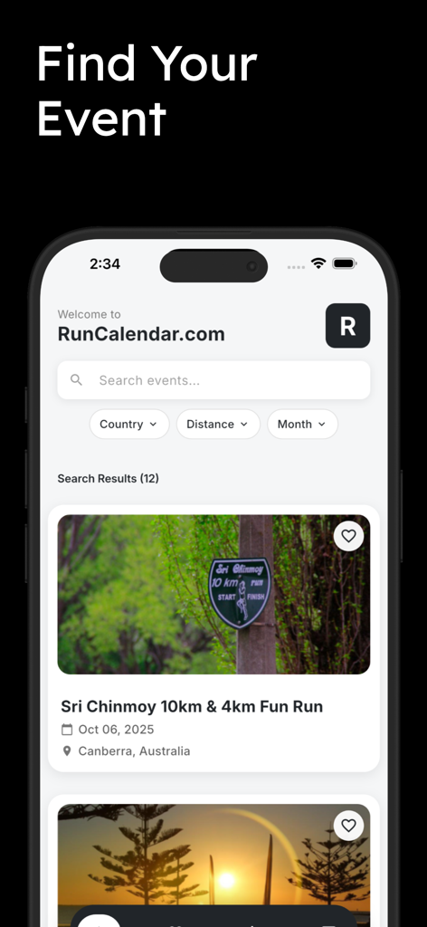 Run Calendar - Run Calendar app screen showing running event search results and filters for country distance and month
