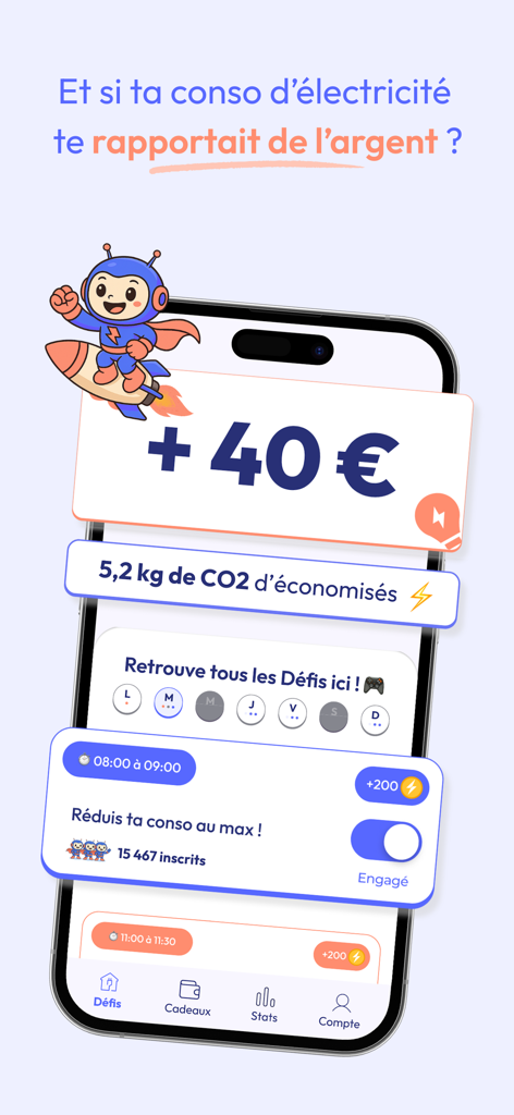 LibertéWatts mobile app screen showing electricity saving challenges and earned rewards