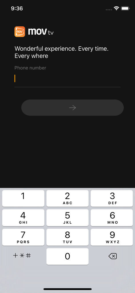 MovTV - Tela de login do aplicativo MovTV com entrada de número de telefone e teclado numérico.