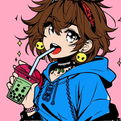 hot baddie anime girl drinking boba and biting the straw