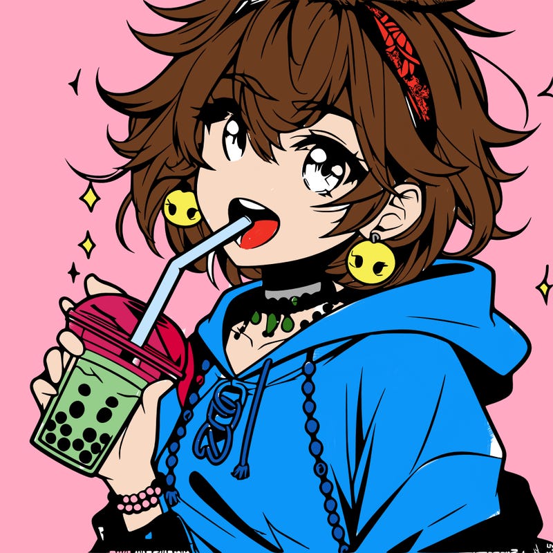 hot baddie anime girl drinking boba and biting the straw