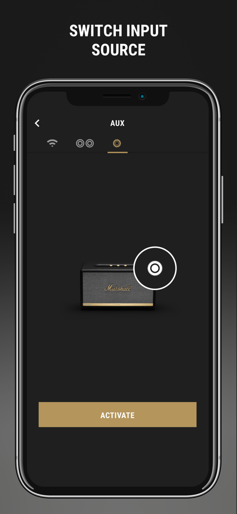 Marshall Voice - Interfaz de la aplicación Marshall Voice que muestra la pantalla de cambio de fuente de entrada con la opción AUX seleccionada para un altavoz Marshall.