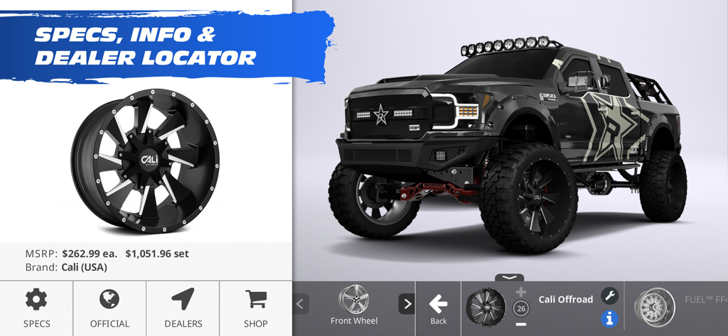 3DTuning: Car Game & Simulator - 3DTuning app screen showing customized truck specs and wheel dealer locator