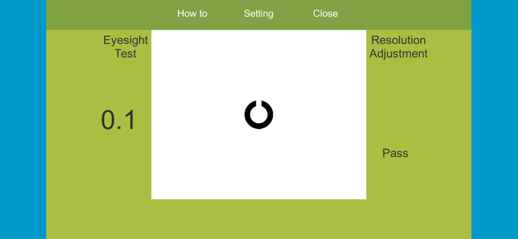 ３×３Ｄ Eye Training - 란돌트 C 시력표와 시력 점수가 표시된 시력 검사 화면