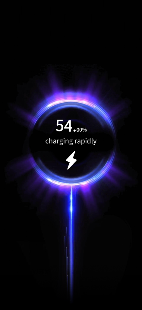Pika! Charging show - A glowing purple neon charging animation displaying fifty four percent battery and charging rapidly status.