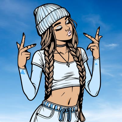 realistic teenage girl with braids and a beanie and crop top doing 🫶🏼