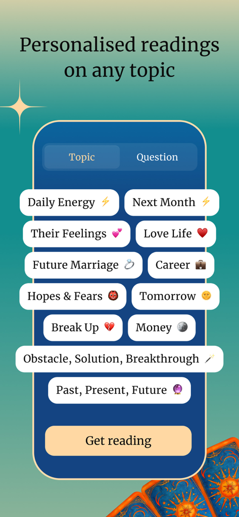 Ursula Tarot: Daily Horoscope - Interface of the Ursula Tarot app showing various personalized reading topics such as Love Life, Career, and Daily Energy.