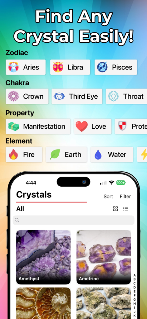 Rock & Crystal Identifier - Rock and Crystal Identifier app screen with search filters for zodiac and chakra