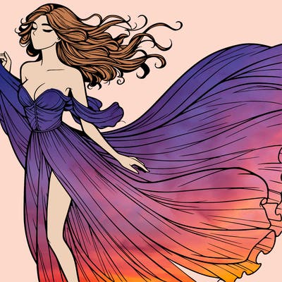 realistic woman in dress flowing the the wind