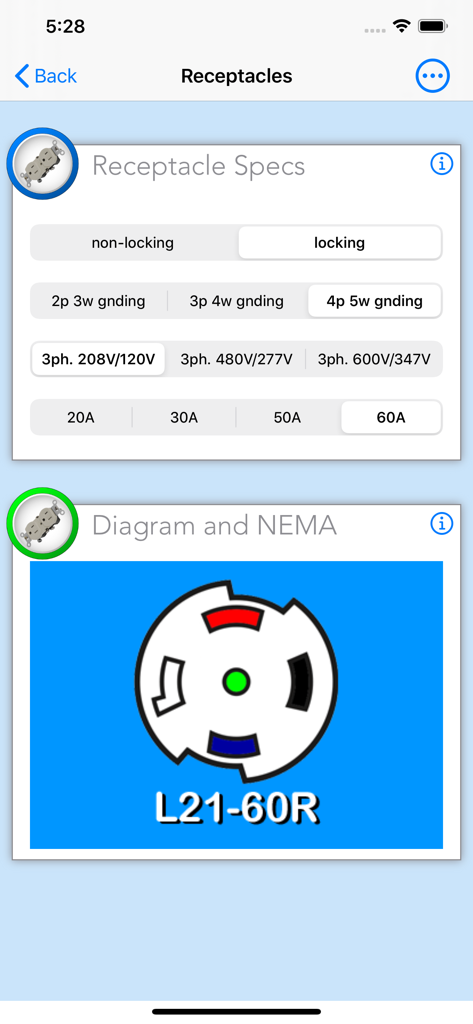 Oberfläche für Steckdosenspezifikationen und NEMA-Diagramme der E-Calc Journeyman-App.