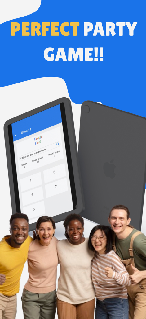 Foogle Feud: Guess & Win - A group of diverse smiling friends with a tablet displaying the Foogle Feud game interface