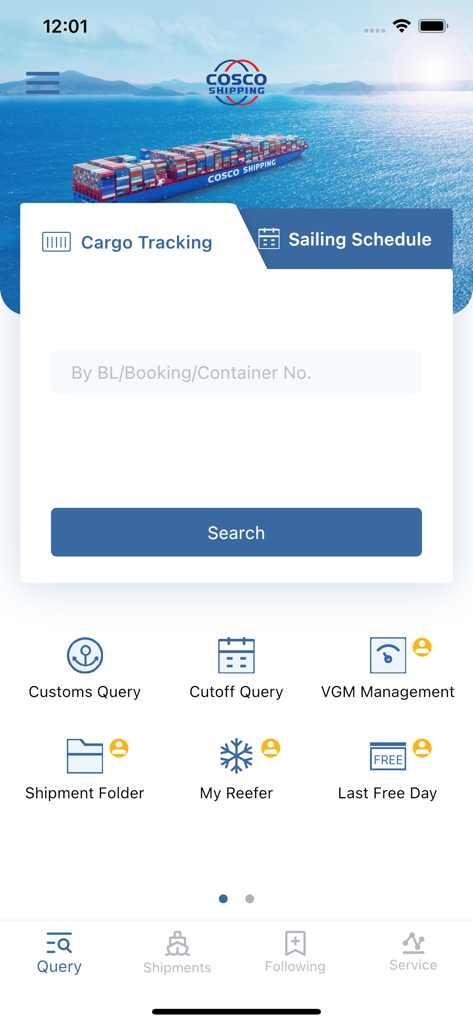 COSCO SHIPPING Lines - COSCO SHIPPING Lines mobile app home screen showing cargo tracking and logistics management options