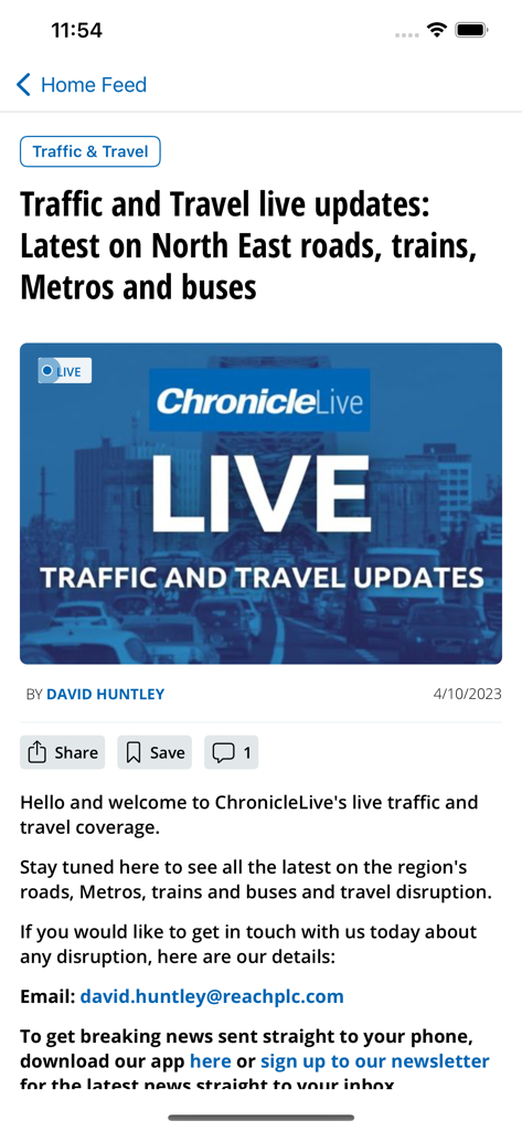 Newcastle Chronicle - イングランド北東部のライブ交通・旅行情報が表示されているニューカッスル・クロニクルのアプリのスクリーンショット。