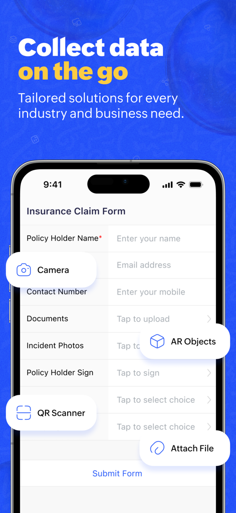 Insurance claim form on the Zoho Creator Customer Portal app featuring mobile data collection tools like camera and QR scanner.