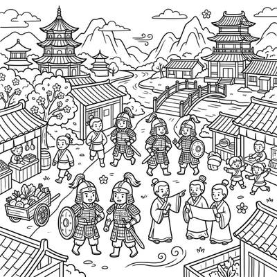 This engaging coloring page transports children to the fascinating Warring States Period of ancient China, filled with brave warriors and wise scholars. It's a perfect blend of history and creative fun, designed to spark imagination in young artists.