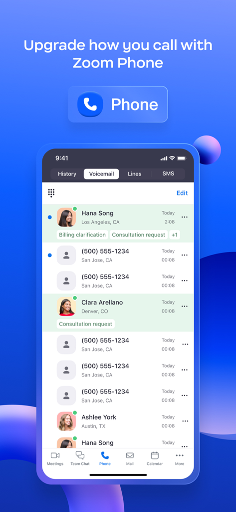 Interfaccia dell'app Zoom Workplace per Intune che visualizza un elenco di messaggi vocali e contatti all'interno della funzione Zoom Phone.
