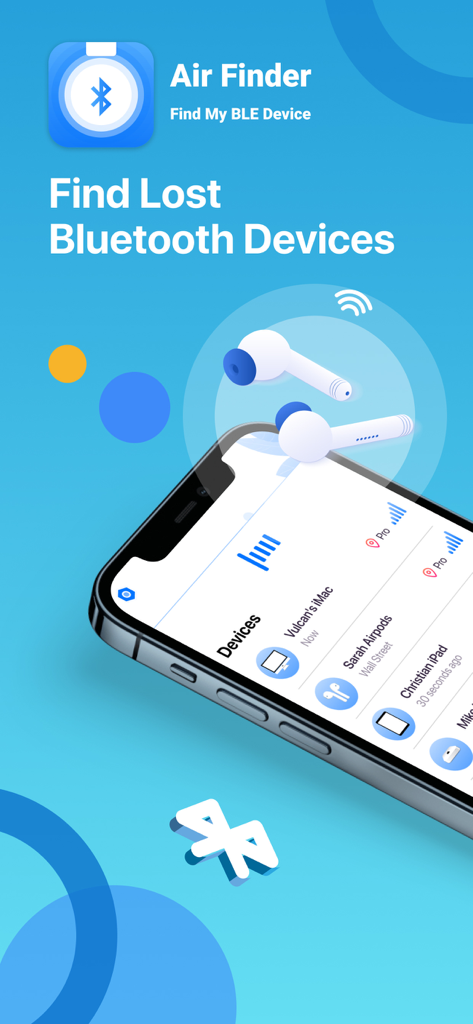 Find Air: My Device Tracker - Find Airアプリのインターフェイス。AirPodsやiMacなどの追跡対象Bluetoothデバイスのリストが表示されています。