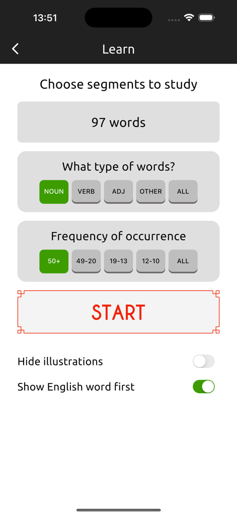 Settings screen to filter biblical Greek vocabulary by word type and frequency.