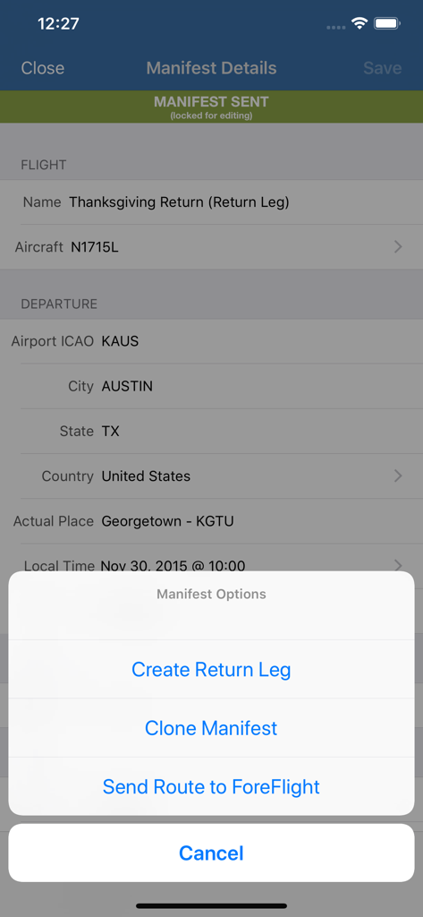 FlashPass app interface showing manifest details and options to send route to ForeFlight