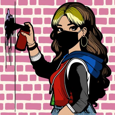 realistic girl with mask spray painting a wall