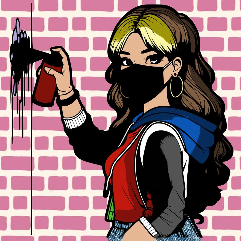 realistic girl with mask spray painting a wall