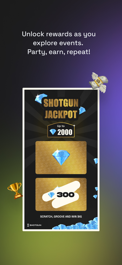 Shotgun: Live Music Experience - Interfaz de recompensas de la aplicación Shotgun que muestra una tarjeta rasca y gana de jackpot y recompensas de diamantes