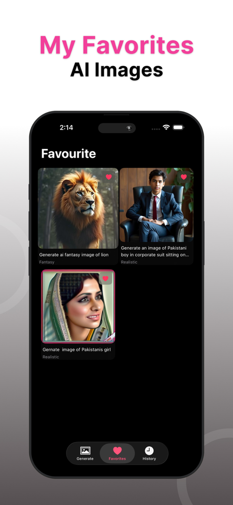 Blue Willow AI – Text to Image - Écran des favoris de l'application Blue Willow AI montrant une collection d'images IA générées enregistrées, dont un lion et des portraits