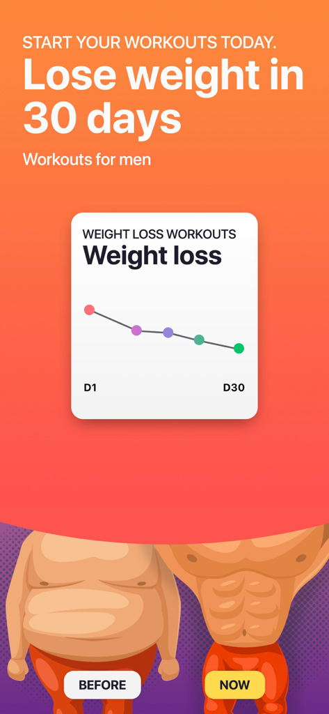 Men Home Workout-Fitness Plan - Interface d'application de fitness pour hommes montrant un graphique de progression de perte de poids sur 30 jours et une illustration de transformation musculaire avant et après