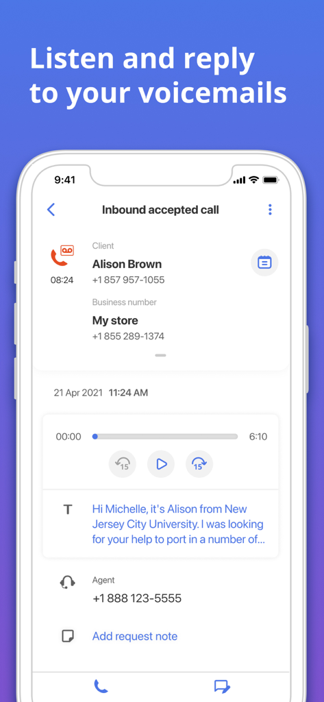 MightyCall Classic app interface displaying voicemail playback and text transcription for a small business owner