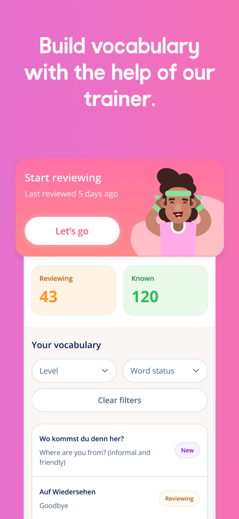 Lingoda app vocabulary trainer showing word reviews and progress