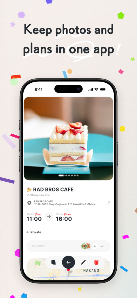 ADAY Simple schedule calendar - Smartphone screen displaying the ADAY app with a cafe event entry featuring a photo of a cake and visit details.