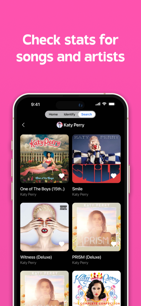 Oberfläche der Song Finder App mit Katy Perry Alben und Musikstatistiken