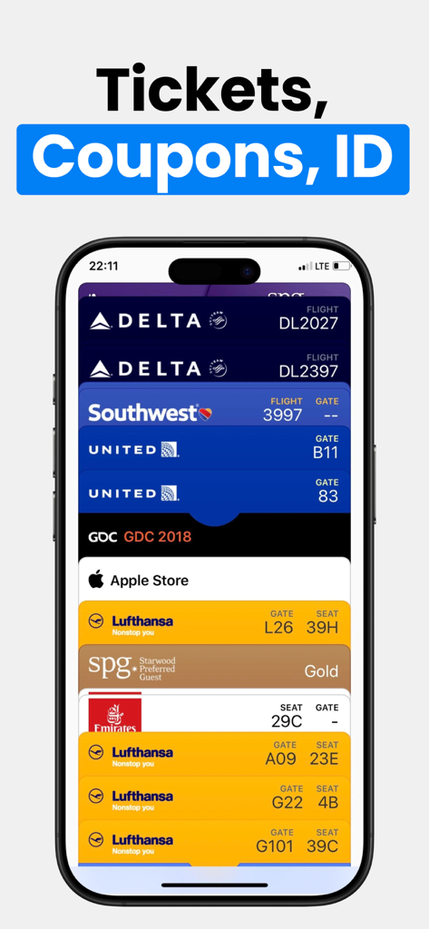 iPhone screen showing a stack of digital boarding passes and membership cards in the Wallet Creator app