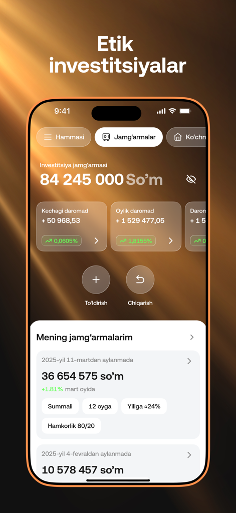 IMANUM mobile app dashboard showing ethical investment balances and monthly earnings
