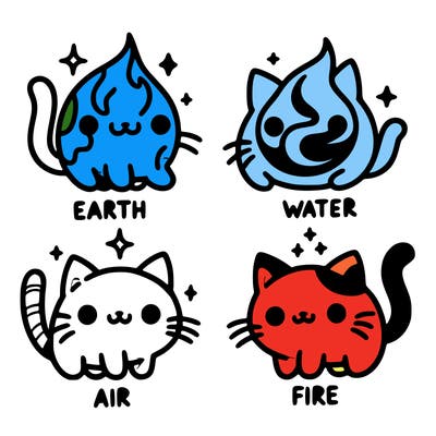 4 cats that represent the different elements, earth, water, air, and fire