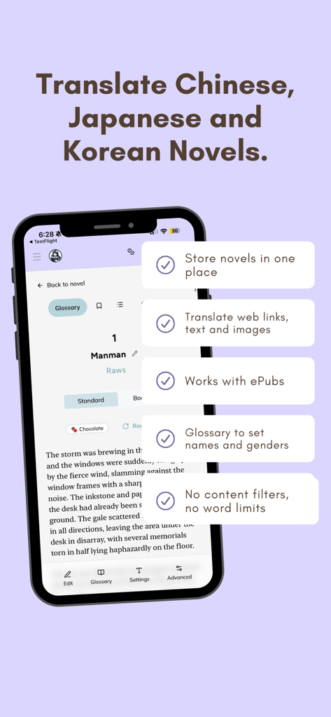 Interfaccia dell'app OpenNovel che mostra le funzionalità di traduzione per web novel cinesi, giapponesi e coreane, inclusa la compatibilità EPUB e un glossario intelligente.