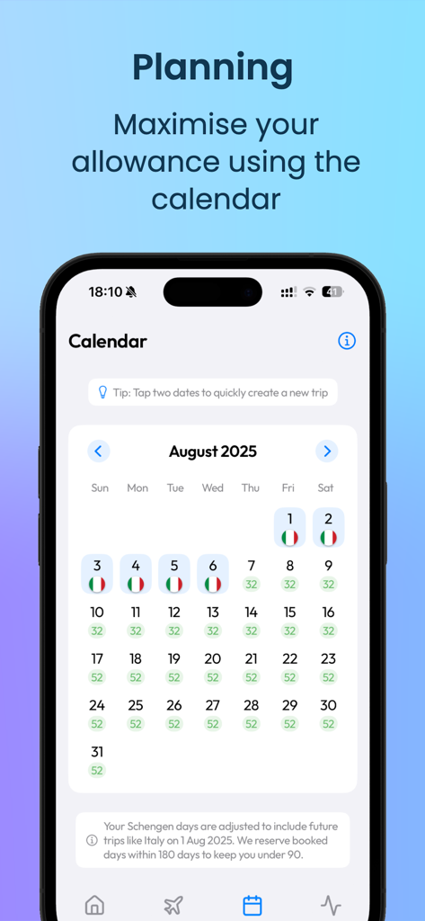 Schengen visa calculator calendar view for planning future trips and tracking remaining days allowance