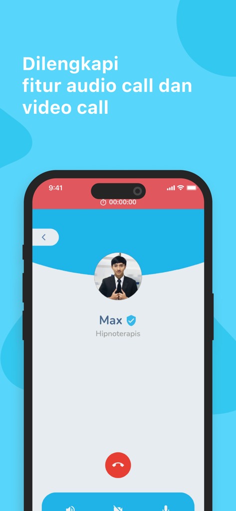 A smartphone display showing the audio call interface of the Teman Curhat app with a counselor named Max.