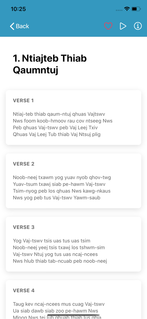 Cov Ntseeg Yexus Phau Nkauj - Hmong Christian hymn lyrics displayed in numbered verses on a mobile app