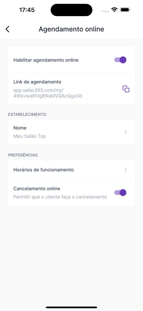 Pantalla de configuración de reservas en línea en la aplicación Salão 365 con enlace de citas y configuración de cancelación para profesionales de la belleza