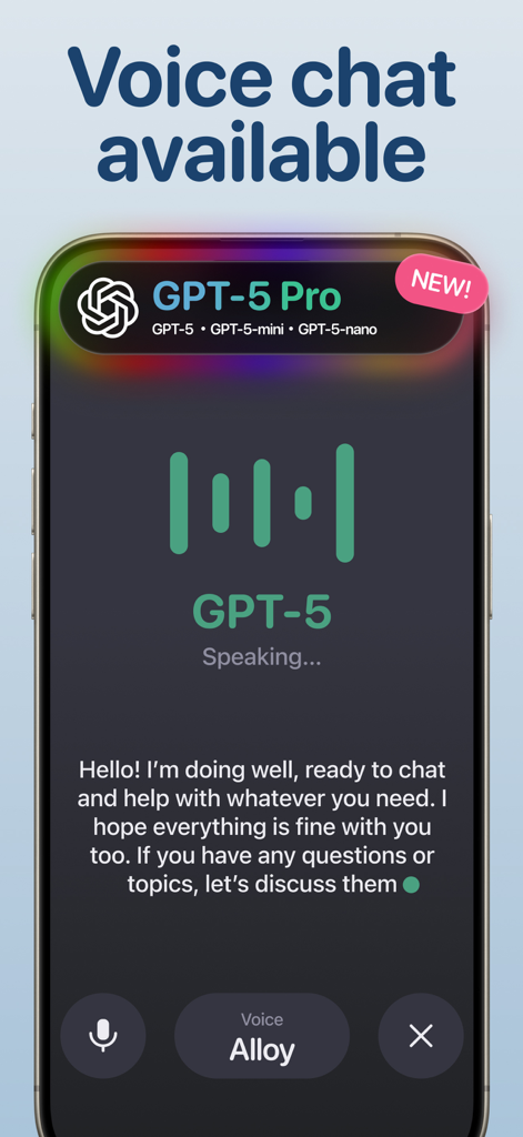 AI Chat Assistant - AI Chat Assistant app interface showing a voice chat interaction with GPT-5 Pro featuring a green voice waveform