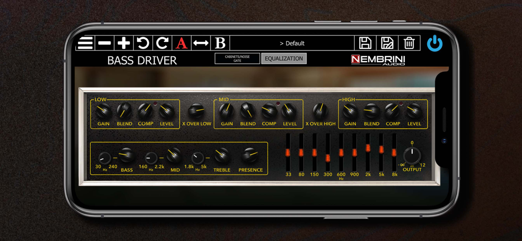 Bass Driver - Nembrini AudioのBass Driverアプリのインターフェース。スマートフォン上でマルチバンドオーバードライブとグラフィックイコライザーコントロールが表示されています。