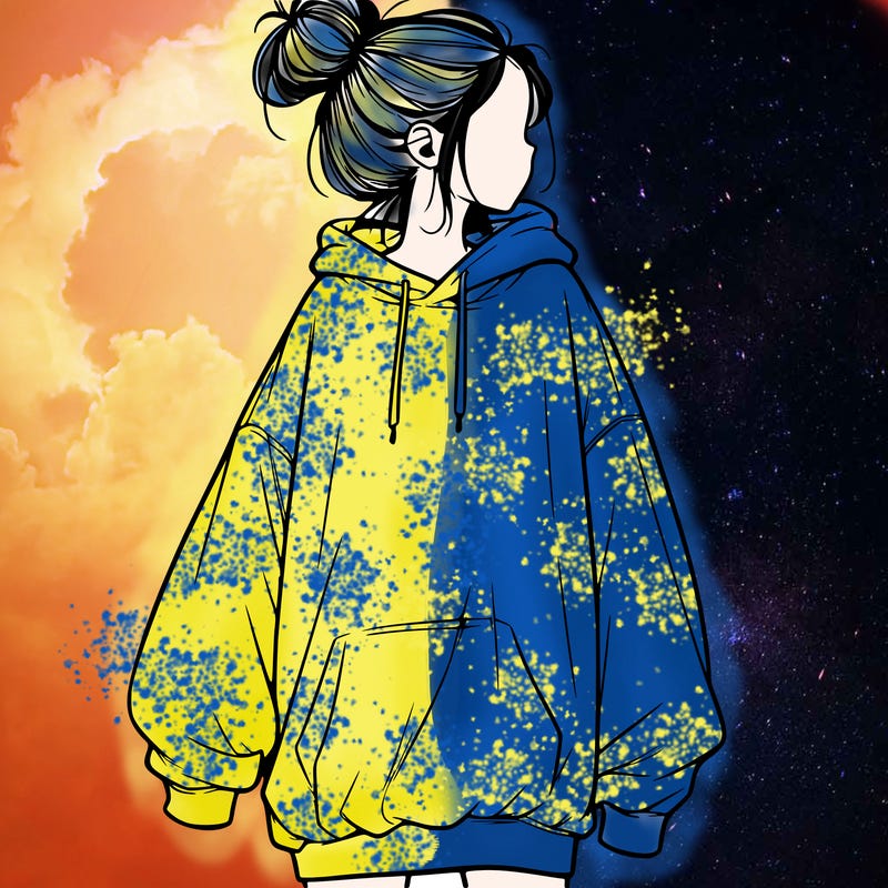 realistic girl with a oversized sweatshirt on and a bun