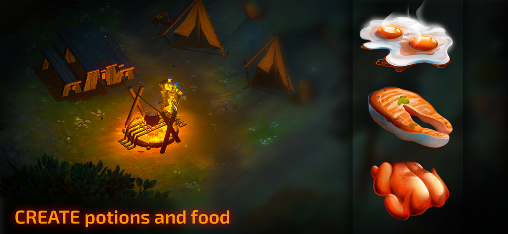 Slash of Sword 2 - Action RPG - A campfire at night in a forest camp with icons for fried eggs, salmon steak, and roasted chicken showing food creation in Slash of Sword 2.