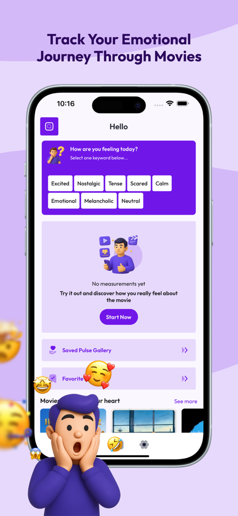 GameBox:Screw Movie Pulse - Interfaz de la aplicación GameBox que muestra opciones de selección de estado de ánimo para rastrear los viajes emocionales de películas.