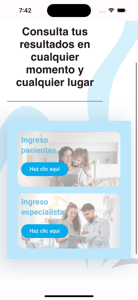 Pantalla de inicio de la aplicación Imágenes Dentales con opciones de inicio de sesión para pacientes y especialistas dentales