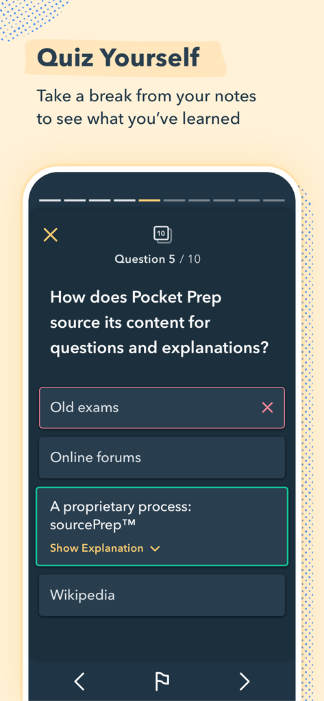 Smartphone screen showing a multiple choice quiz question in the Pocket Prep Fitness app