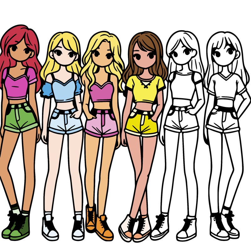 a group of girls wearing crop tops and shorts