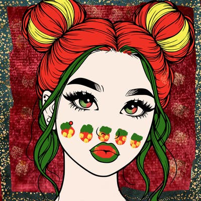 realistic girl with two buns on her hair and lips