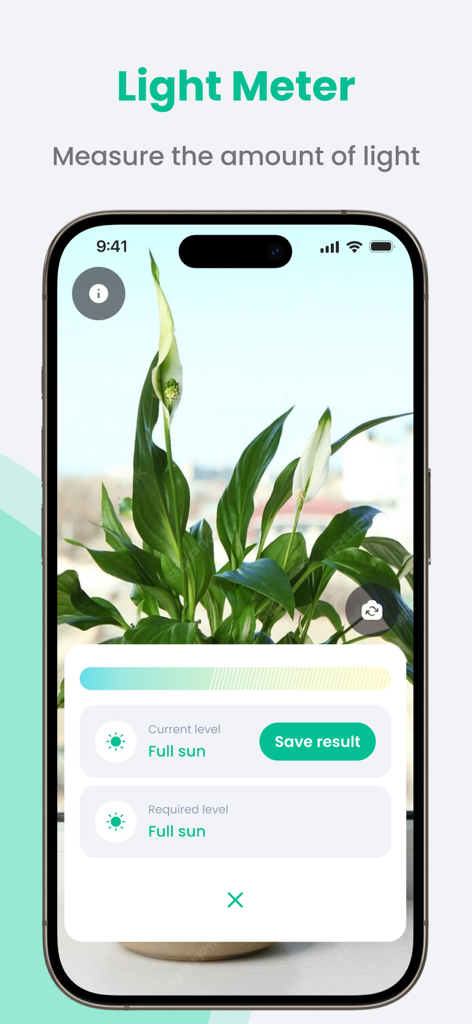PlantIn: Plant Identifier・Care - PlantIn app Light Meter interface measuring sunlight levels for an indoor peace lily